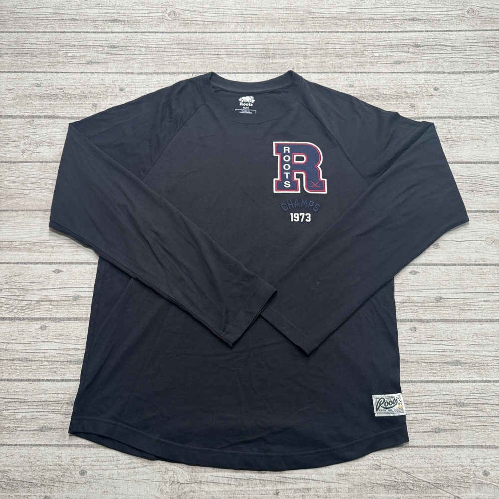Roots Shirt Mens Medium Black Champs 73 North Div Raglan Sleeve Athletic Varsity